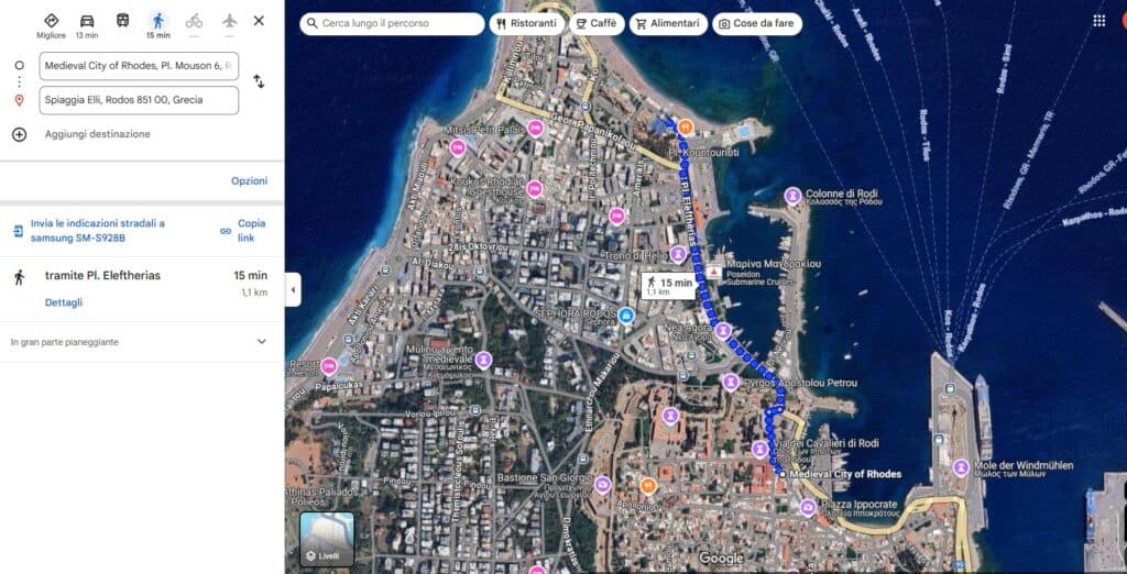 Mappa di Google Maps che mostra la posizione di Elli Beach a breve distanza dalla città vecchia di Rodi, in Grecia.