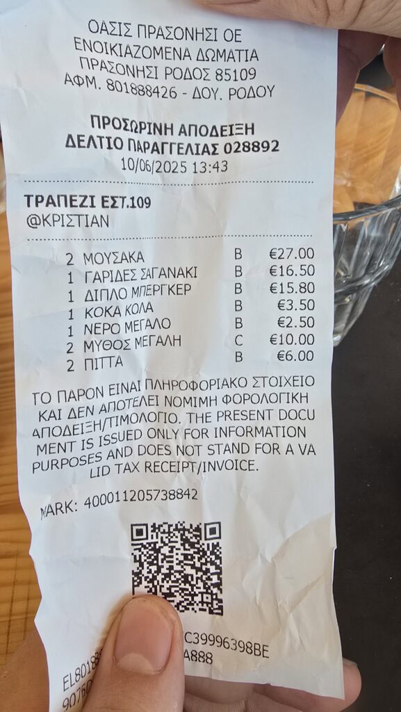 Prasonisi Rodi: Dove i Due Mari Si Incontrano (Prezzi e Consigli) 6 Scontrino Oasis Prasonisi (Rodi) con prezzi Moussaka (€13.50), Mythos (€5.00) e Gamberi, emesso il 06/10/2025 alle 13:43.